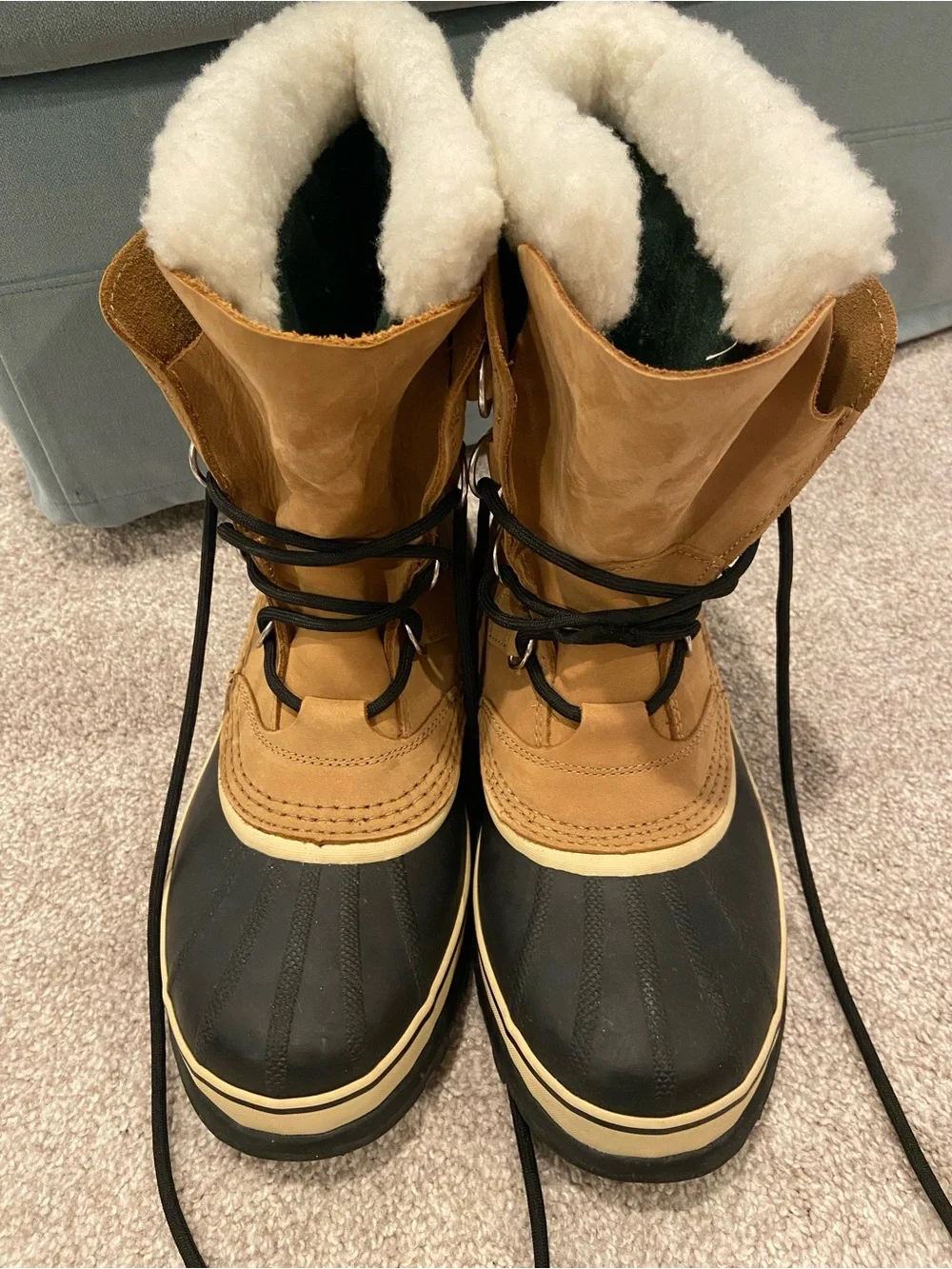 Sorel Caribou Boots Mens 8.5 Waterproof Tan Leather Winter Snow Faux Fur